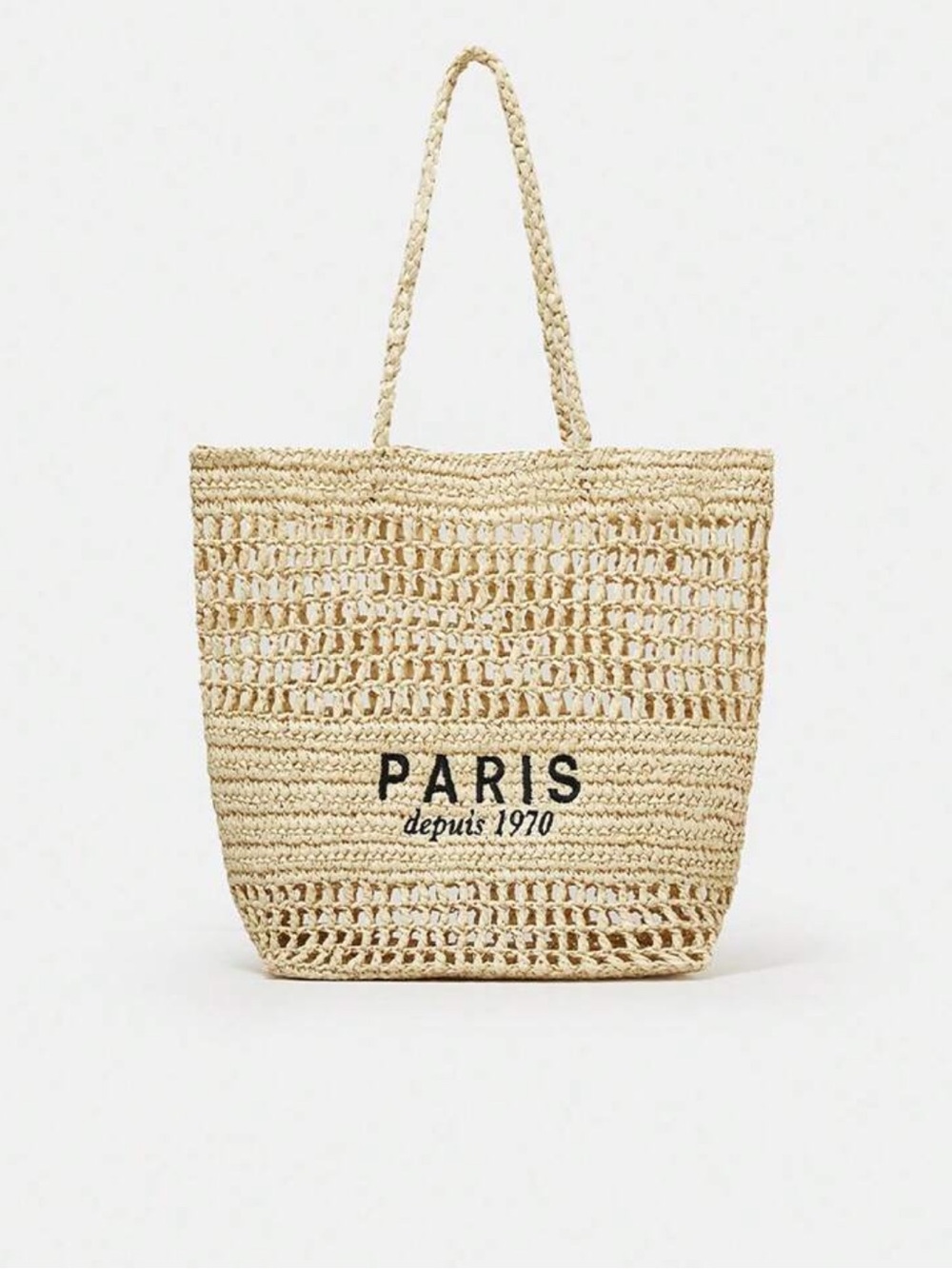 Crochet straw tote bag Paris print boho